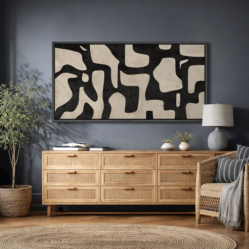 Mid Century Shape Abstract Contours, Black And White Beige Artwork, Retro Bedroom Home Decor, Extra Large Framed Canvas Print Wall Art
