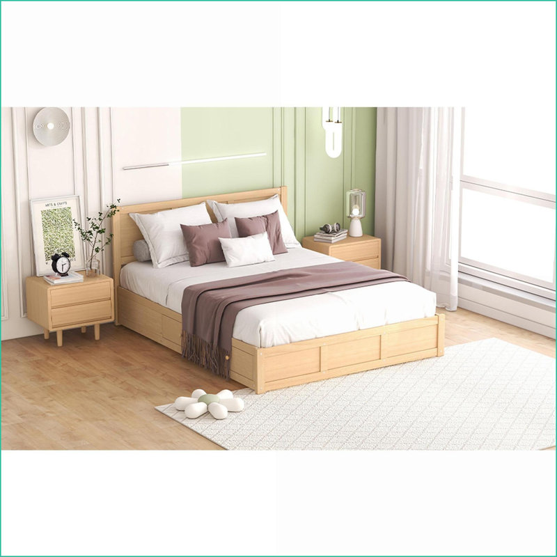 Grand lit plateforme en bois de pin avec 2 tiroirs Rangement sous le lit, ton de bois naturel - aucun sommier nécessaire