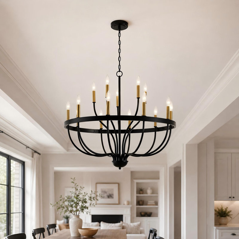 Lustre moderne de style ferme à 18 lumières, noir et or, avec bougies intégrées., 18 Lights