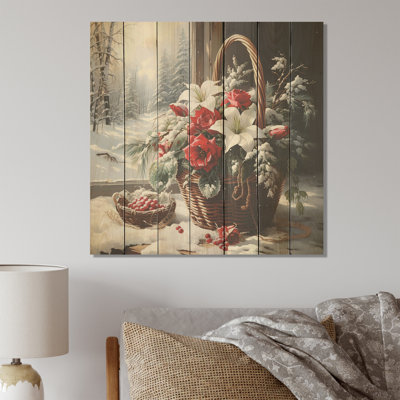 Winter Poinsettias Basket 1 II - Poinsettias sur bois