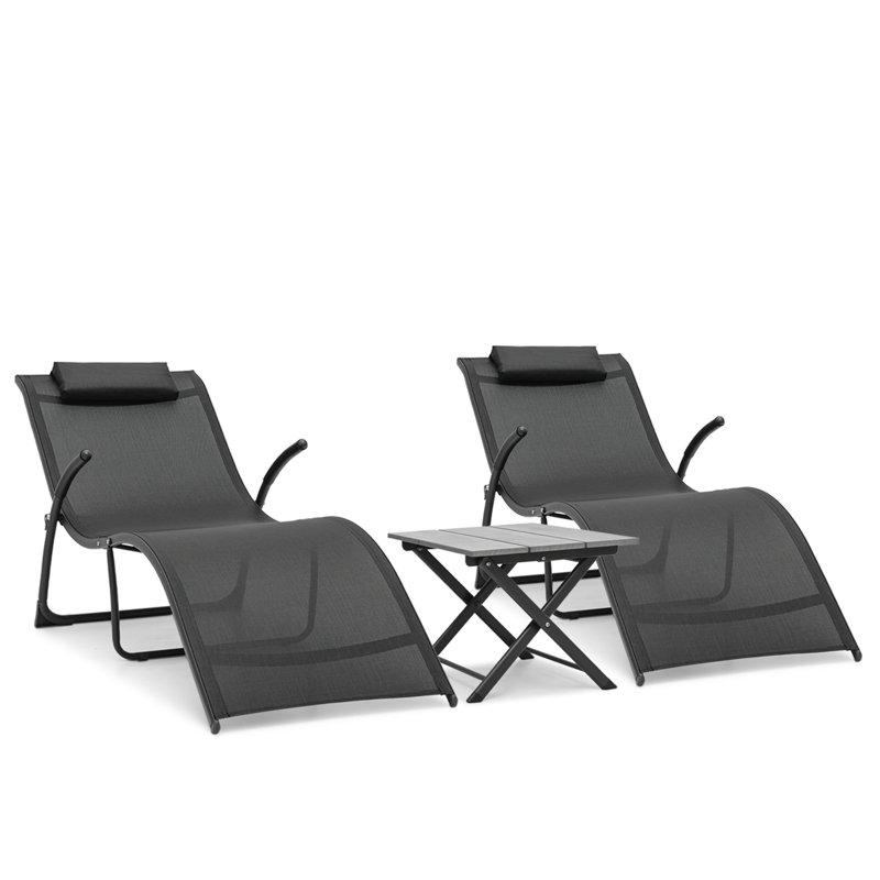 Andraya 3 Pcs Patio Chaise Lounge Chair Set, Outdoor Lounger Chaise with Folding Table and Removable Pillow, Black