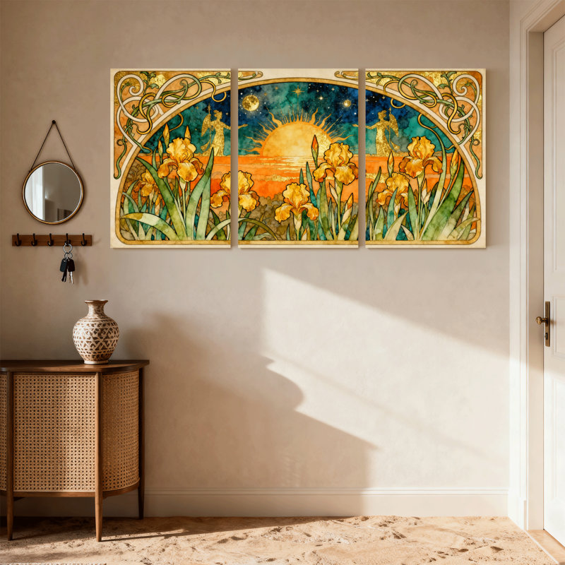 Fantasy & Sci-Fi Sunset Iris Garden Artistic Design Pattern Set of 3 Canvas Wall Art Prints, 18" H x 36" W
