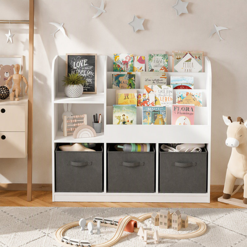 Kids Bookcase And Bookshelf With 3 Collapsible Fabric Drawers Display Stand