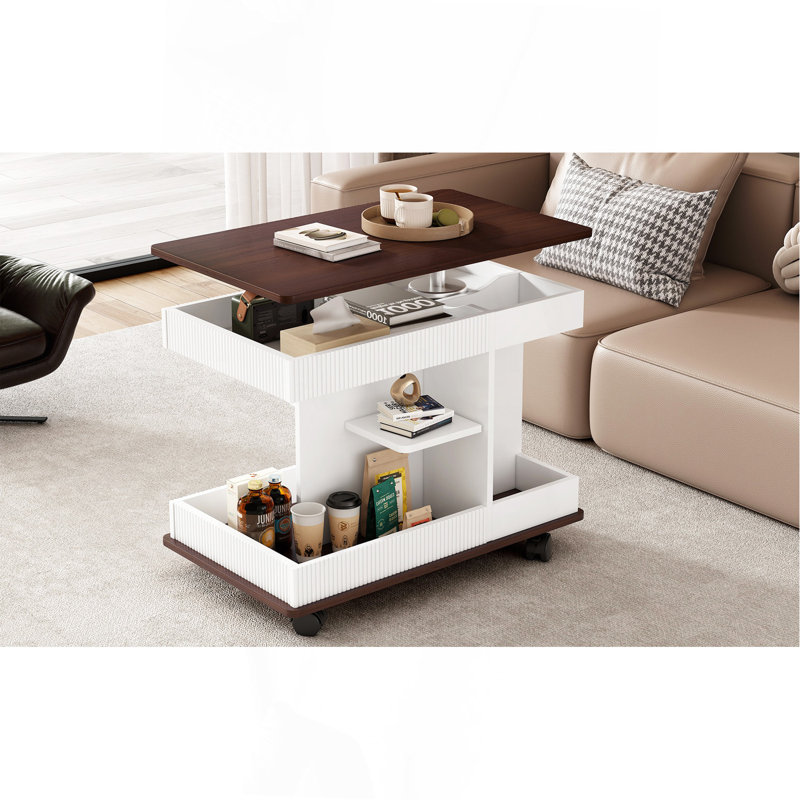 Table de bout réglable avec roulettes, table d'appoint moderne multifonctionnelle avec plateau relevable, plateau tournant à 360 ° et espace de rangement pour le salon, petit espace