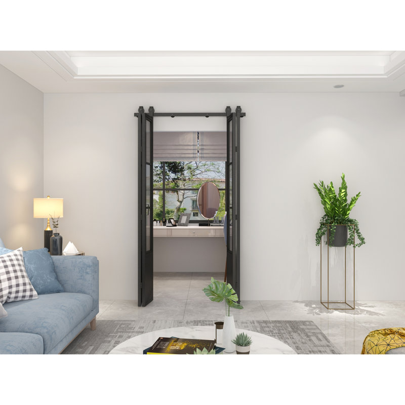 Portes de grange doubles pliantes 48 po x 84 po 3/4 en verre givré noir avec ensemble de quincaillerie et poignée de porte 48 po x 84 po