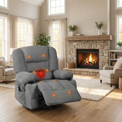 Oversized Wide Recliner with Heat & Massage, 360° Swivel Rocker, Chenille Fabric, Cup Holders & Side Pocket