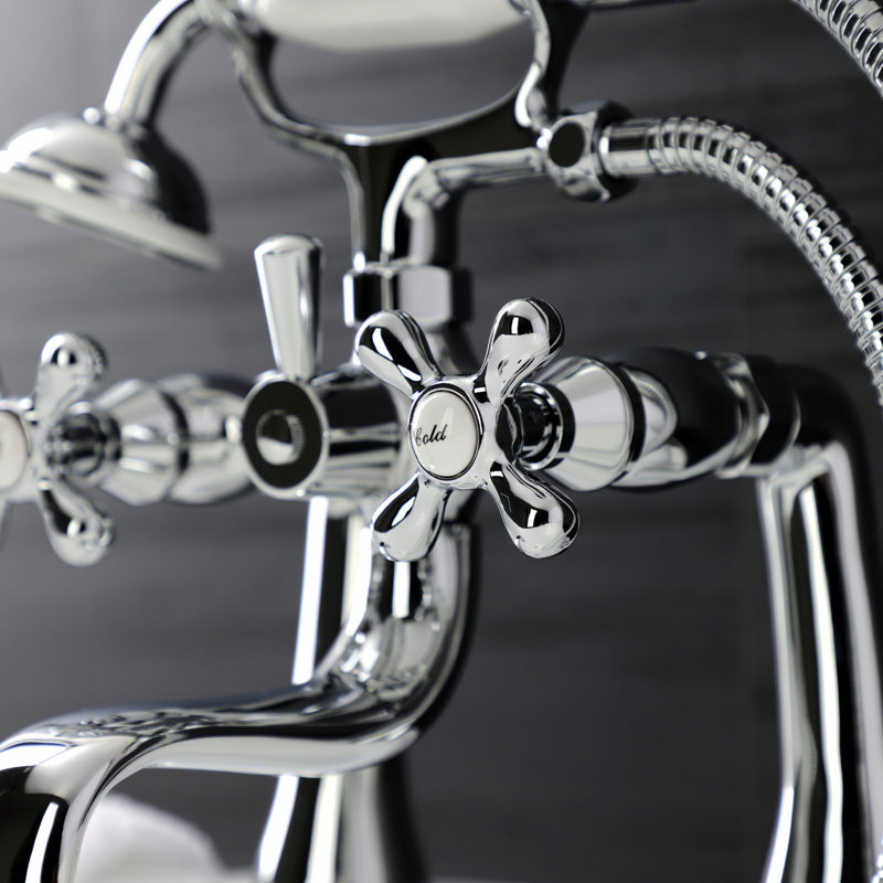 Kingston Brass Kingston Three-Handle 2-Hole Deck Mount Clawfoot Tub Faucet with Handshower, Polished Chrome