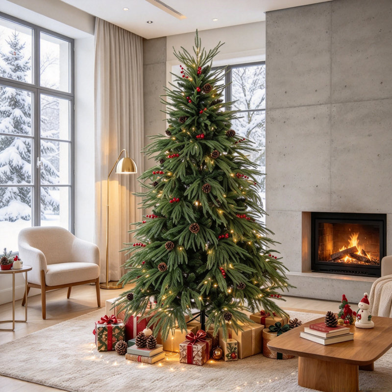 6ft Artificial Christmas Tree with Pinecones, Red Berries, Hinged Predecorated Xmas Tree with 2843 Branch Tips