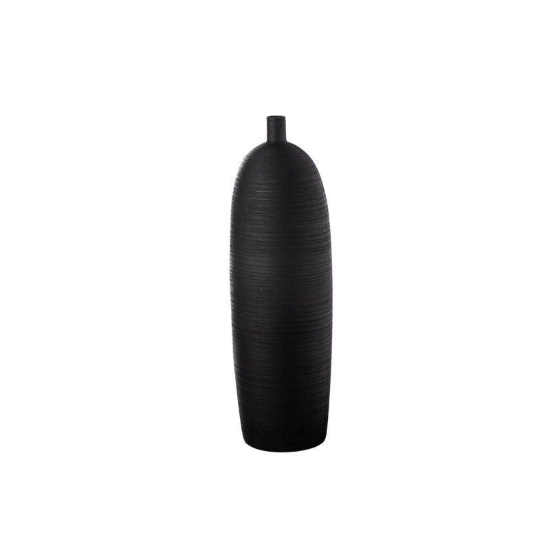 Grand vase rond en céramique avec bouche étroite, col court et corps brossé au fini mat noir