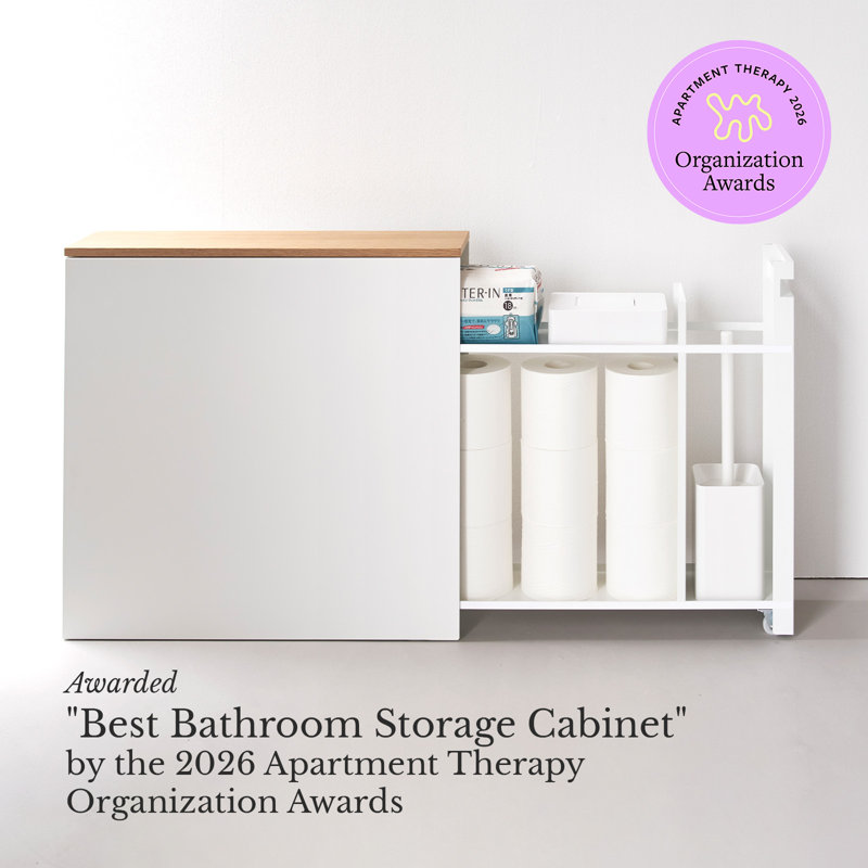 Yamazaki Home Tower Pull-Out Bathroom Storage Cabinet - Slim Bathroom Organizer With Wood Top, White