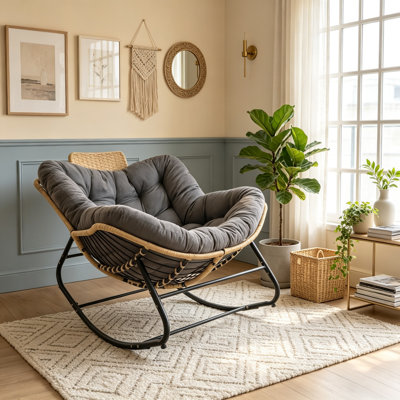 Fauteuil à bascule avec coussin épais, fauteuil œuf surdimensionné avec oreiller de tête en rotin tressé à la main, vert