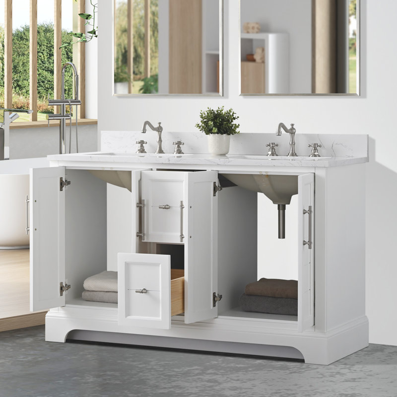 Vannes 54" Double Sink Freestanding Bathroom Vanity with Engineered Marble Top, White