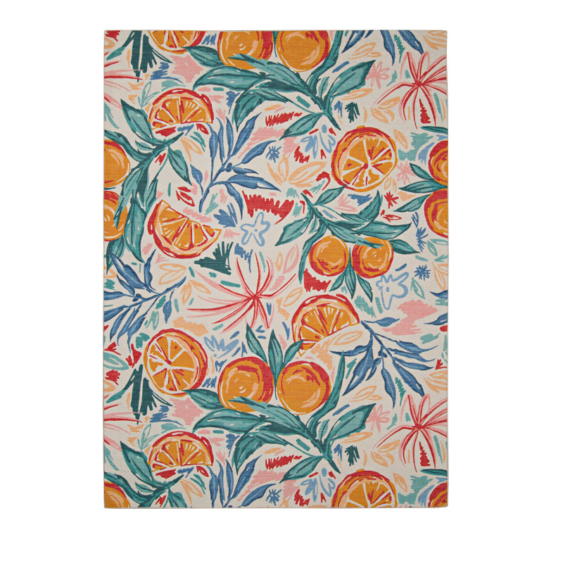 Ernetta Penssacola Ivory Orange Grove Indoor Outdoor Machine Washable Area Rug, Rectangle 7' x 9'