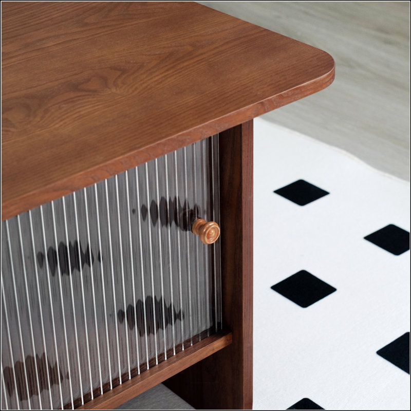 Table basse rectangulaire minimaliste moderne avec rangement, portes coulissantes en verre, assemblage facile, Brun