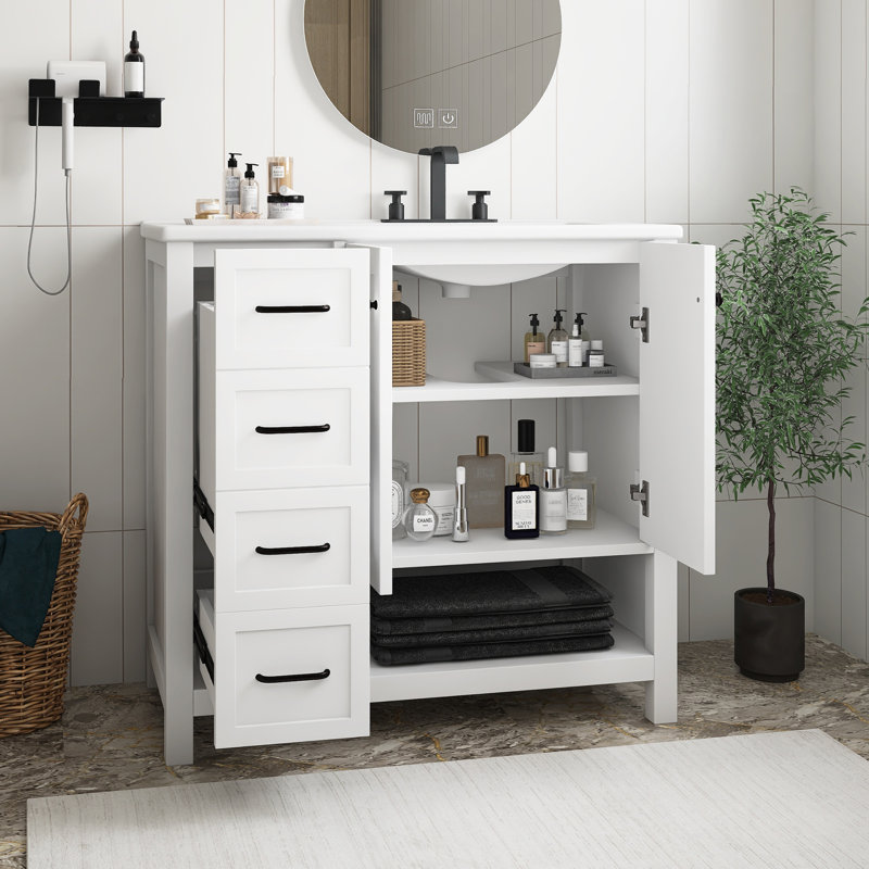 Meuble-lavabo blanc en panneau de fibres à densité moyenne 36 po avec comptoir, meuble-lavabo avec deux portes et deux tiroirs, tablette ouverte