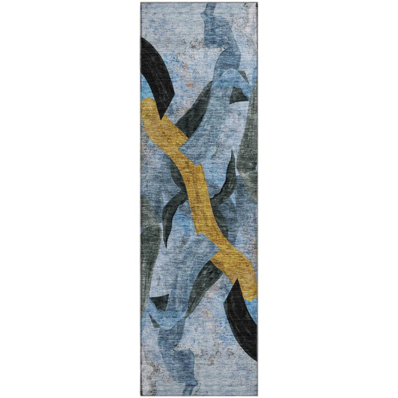 Premium Machine Washable Mayfield AMF2191 abstract Rug, 2'3" x 7'6" Runner, Denim