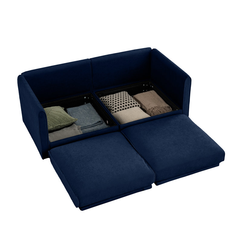 Canapé moderne en tissu avec chenille bleue et rangement, 2 sièges rembourrés élégants