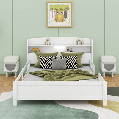 Wood Platform Bed With Storage Headboard,Built-In LED Light And Guardrail