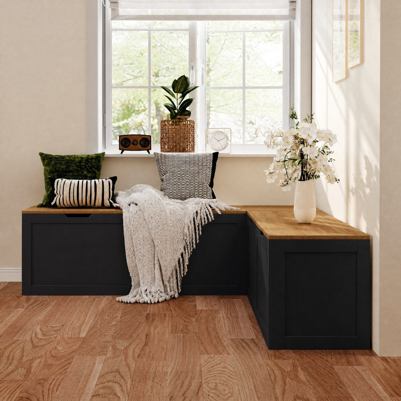 Modular L-Shaped Storage Bench With Hidden Shelf, Black/Brown