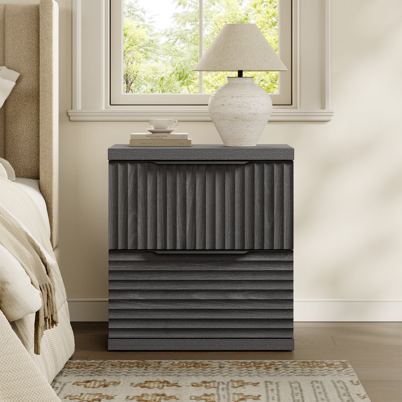 Modern Fluted 2-Drawer Nightstand, Dark Gray Alder