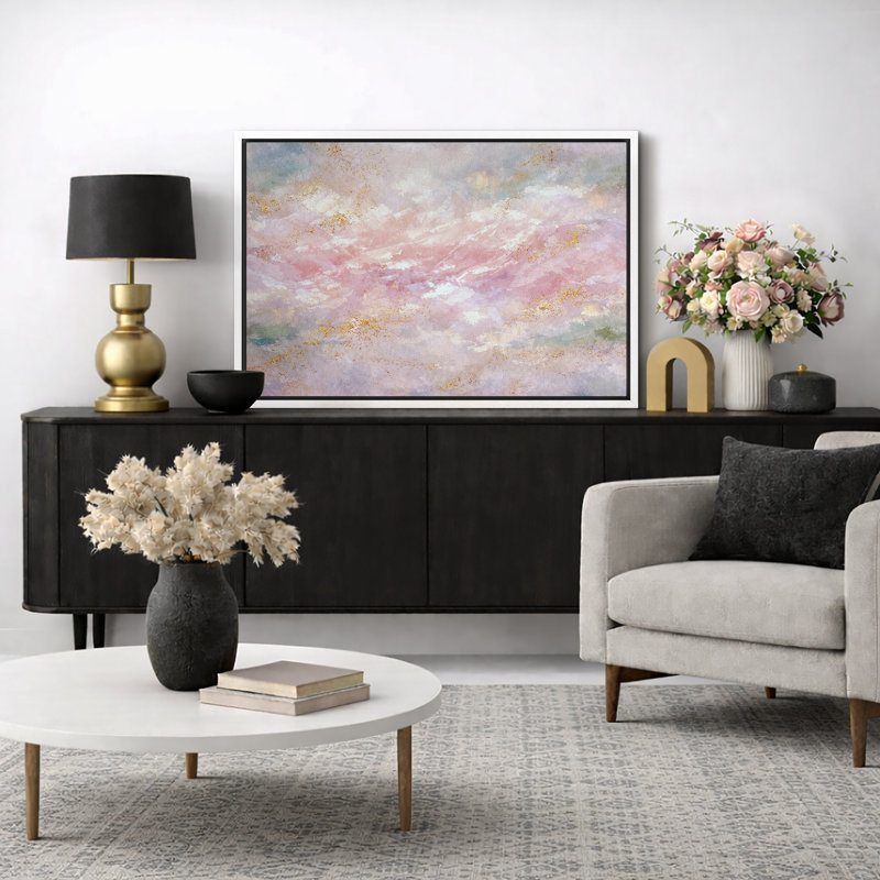 Abstrait pastel rose doré, composition de nuage, images de salon élégantes, impression sur toile encadrée, Cadre blanc