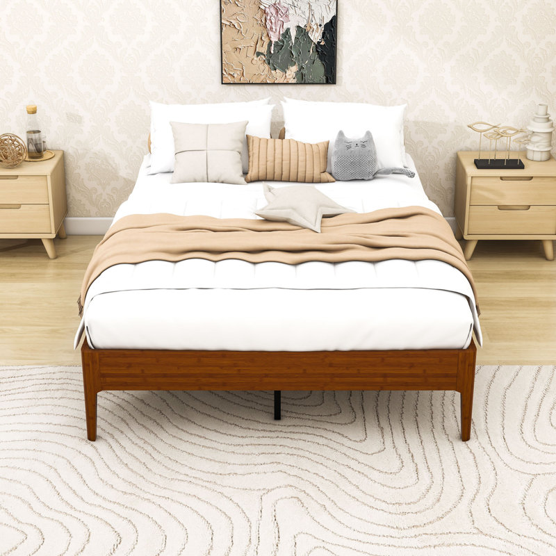 Lit plateforme en bois avec construction durable, Lit double, Brun