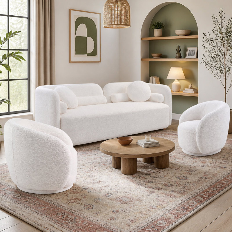 Ensemble de salon 3 pièces avec causeuse Boucle beige clair et 2 chaises demi-tonneau, H 28,35 po x l 87,8 po x P 34,65 po