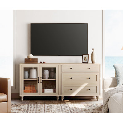 Meuble télé pour téléviseur de 75 po, meuble télé en bois, meuble télé pour salon, armoire buffet 2-en-1 avec porte en verre et tiroir pour la cuisine