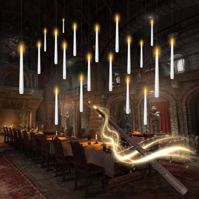 Bougies flottantes sans flamme avec baguette, 20 bougies coniques suspendues à DEL magiques, bougies coniques à piles avec baguette et télécommande pour décorations d'Halloween, cadeau idéal (blanc)