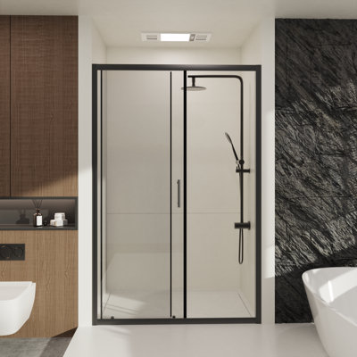 Porte de douche coulissante réversible l 46,5 à 48 po x H 72 po, verre trempé transparent 1/5 po (5 mm), noir