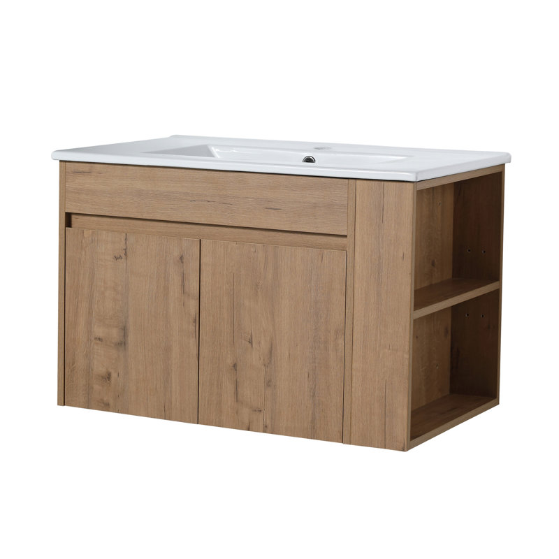 Meuble-lavabo simple mural avec plateau en céramique Aqsaa, Blanc