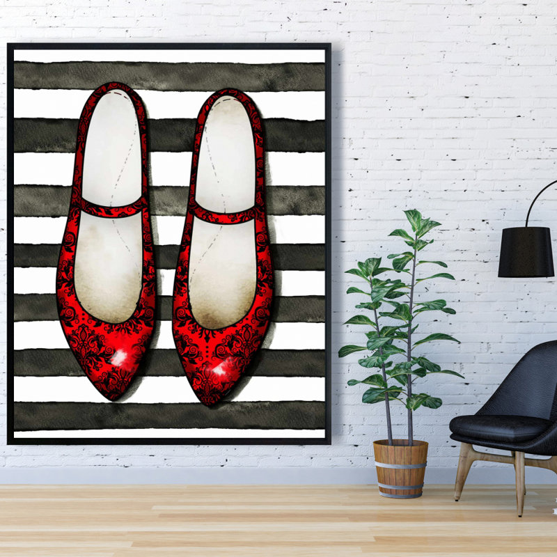 " Red Glossy Shoes On Striped Background "