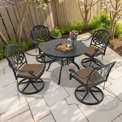 5-Piece Round Cast Aluminum Patio Dining Set with Swivel Chairs & Brown Cushions