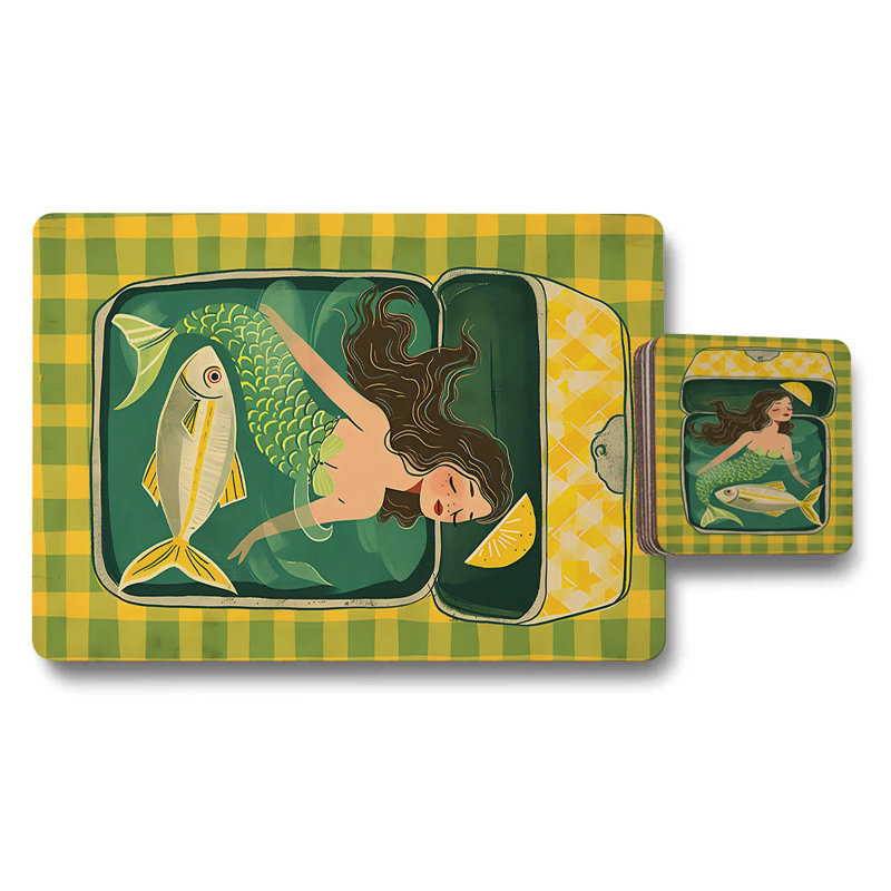 Mermaid Themed Placemat And Coaster Set With Wood Base Designer Artwork Limited Edition