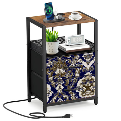Table de chevet 2 tiroirs en tissu avec station de charge