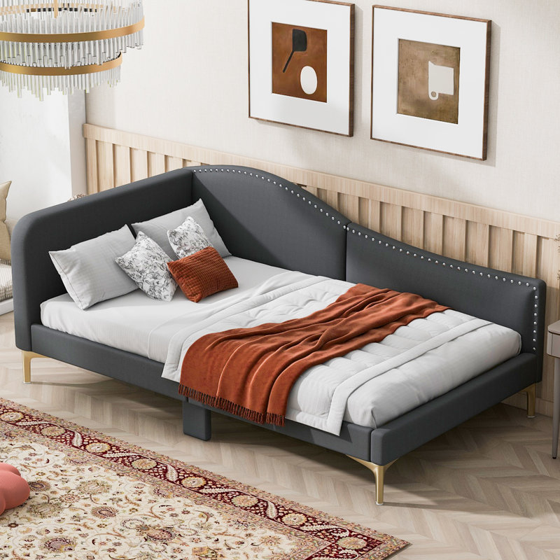 Upholstered Daybed With Headboard And Armrest, Support Legs, Gray, Twin