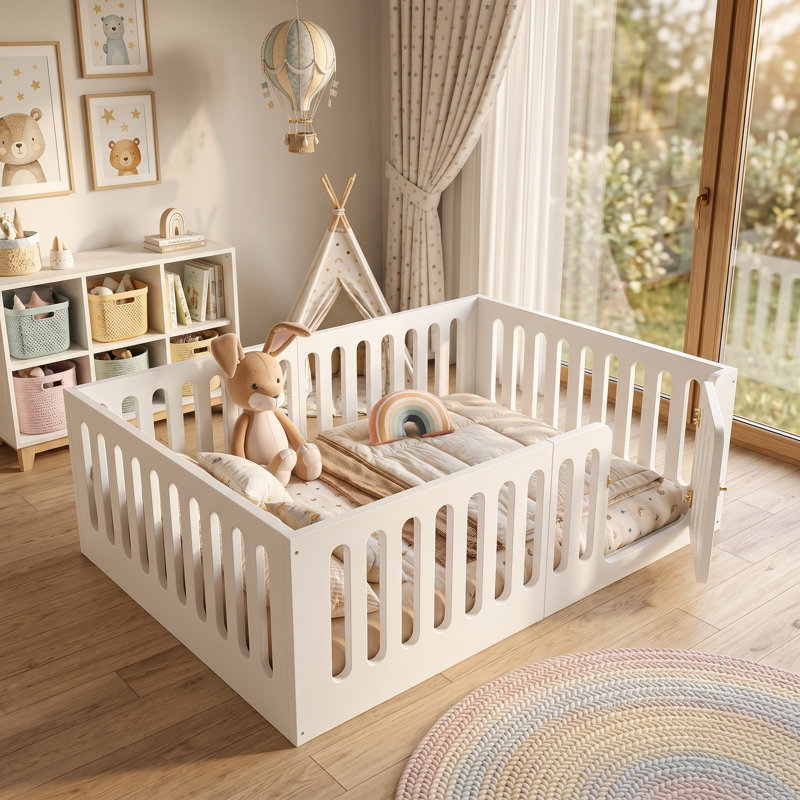 Lit pour enfant en bois massif Benedict Montessori, Grand lit, Blanc