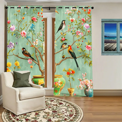 2Pcs rideaux occultants à imprimé floral d'oiseaux, rideaux de fenêtre de branche botanique élégants, panneaux de tissu artistique de scène naturelle pour le salon, la chambre et la décoration intérieure