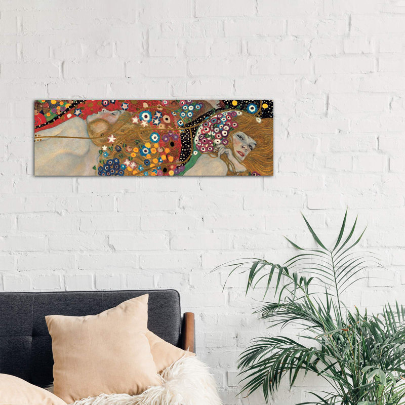 Sea Serpents, Detail I by Gustav Klimt - Panoramic Painting on Canvas, 121.92 cm H x 40.64 cm W, Black Framed