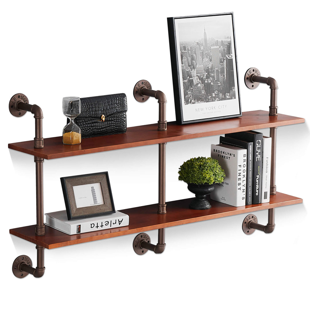31.5" H x 14.75" W x 11.3" D Industrial Pipe Wall Mount Shelves with Wood 2-Tiers Williston Forge