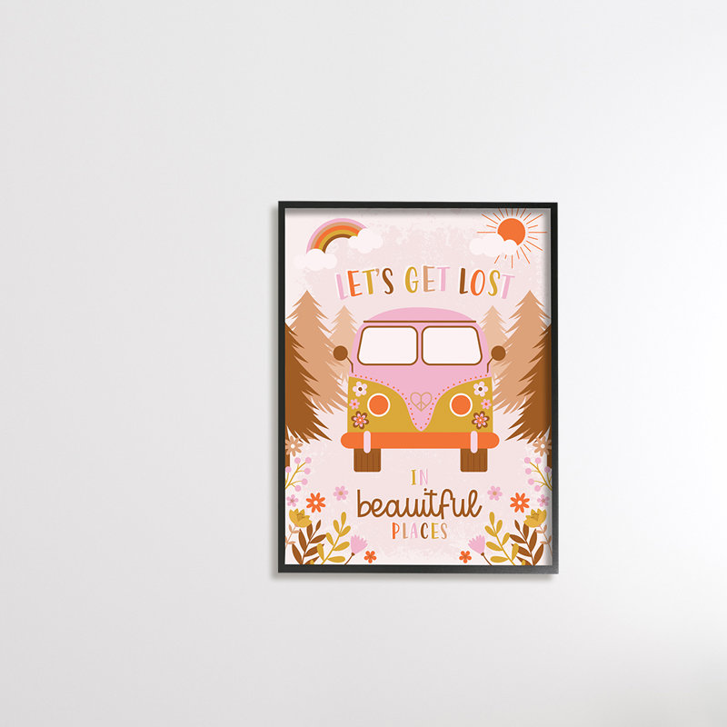 «Let Get Lost Expression Adventure Peace Flowers Van», art textuel, Giclée encadrée noir minuit, H 14 po x l 11 po x P 1,5 po