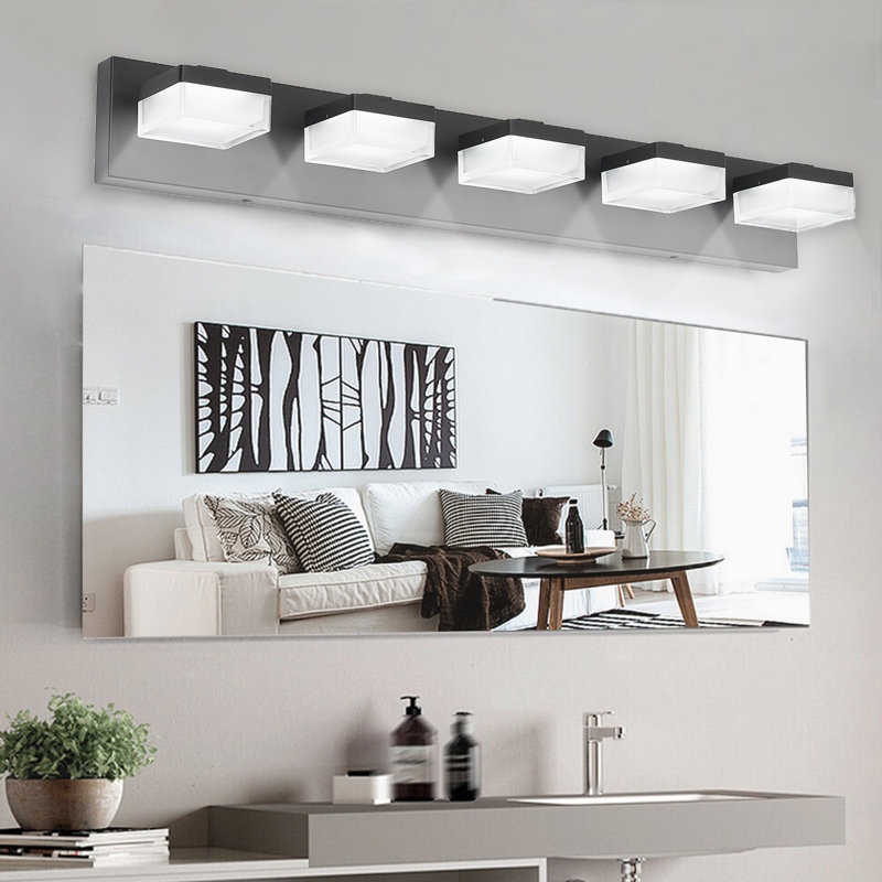  Luminaire de salle de bain à 5 lumières à intensité variable avec abat-jour en acrylique, barre de salle de bain à DEL noire