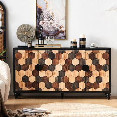 Armoire d'appoint moderne avec design en nid d'abeille, bois d'ingénierie, fonctionnel et décoratif, 4 pieds en pin, motif d'assemblage rapide patiné pour la chambre à coucher, fabrication en bois, mosaïque de porte solide,