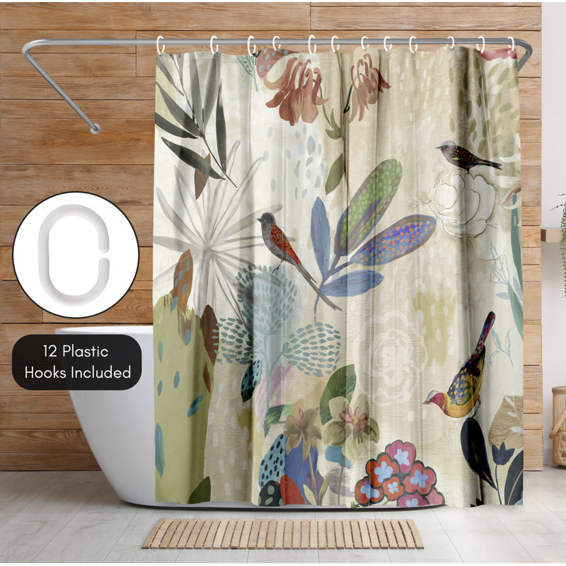 Sepia Orange Floral Polyester Shower Curtain with Birds