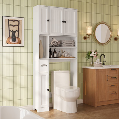 Rangement autoportant au-dessus de la toilette, organisateur de salle de bain avec 4 portes et 3 compartiments ouverts, tablette réglable et porte-mouchoirs, blanc