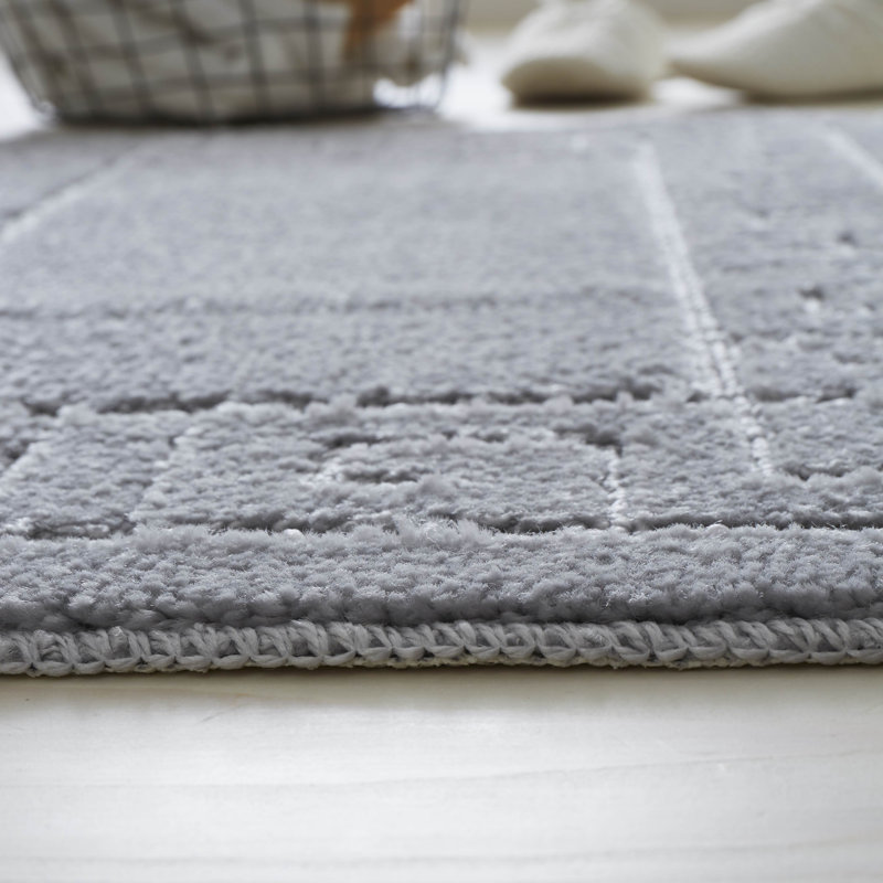 2 Piece Bathroom Rug Set Greek Key Pattern Bath Mat & Pedestal Mat Non Slip Rubber Back Soft Absorbent Mats, Silver