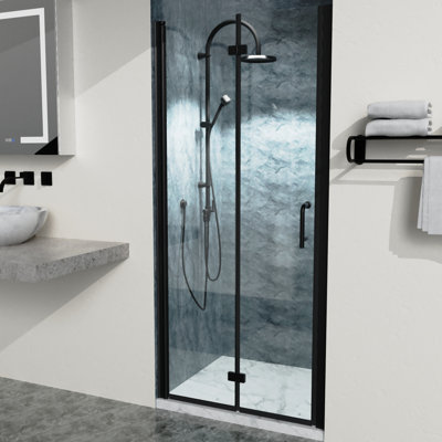 34,46 po X P 73,78 po, portes de douche semi-doubles en noir mat, avec verre transparent, aluminium pour salle de bain noir jusqu'à 35-3 / 8 H,