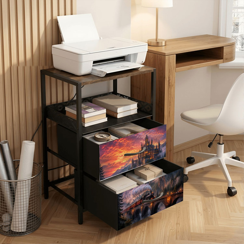 Table de chevet 2 tiroirs avec station de charge, table de chevet pour chambre à coucher avec ports USB, tablette ouverte noire, table de chevet avec pont arqué Fantasy Castle Sunset