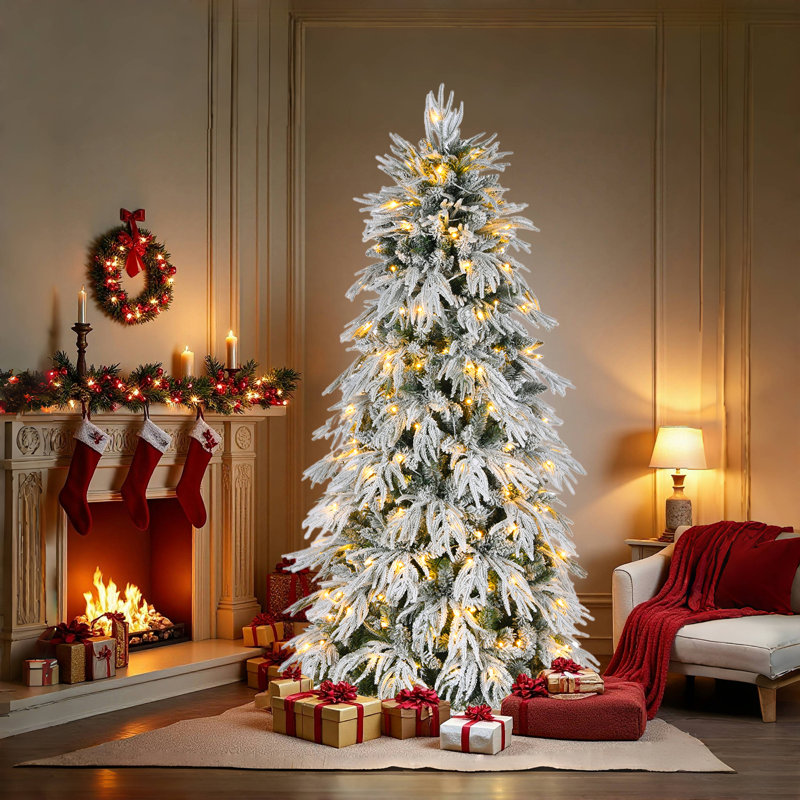 Arbre de Noël artificiel floqué mince préinstallé avec base en métal, 7'