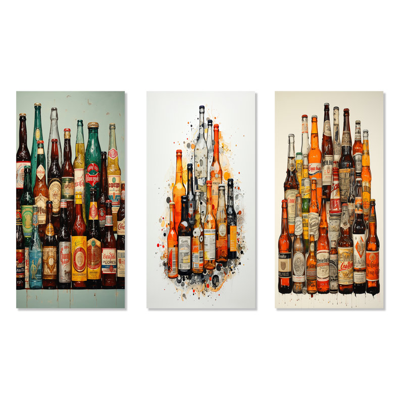 Collage de bouteilles de bière, H 28 po x l 36 po, Toile tendue